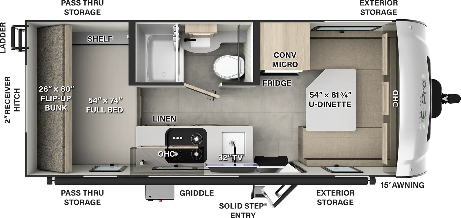 The Flagstaff E-Pro E19DBH has one entry and zero slide outs. Exterior features include: fiberglass exterior and outside kitchen. Interiors features include: bunk beds and u-dinette.